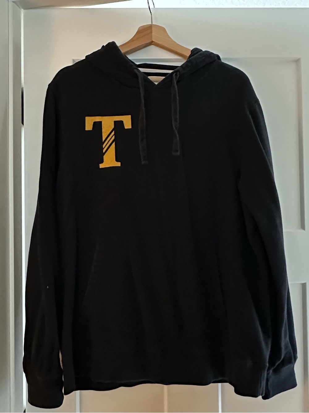 Billy Reid Black Crewneck Hoodie with Yellow 'T' Chest Graphic